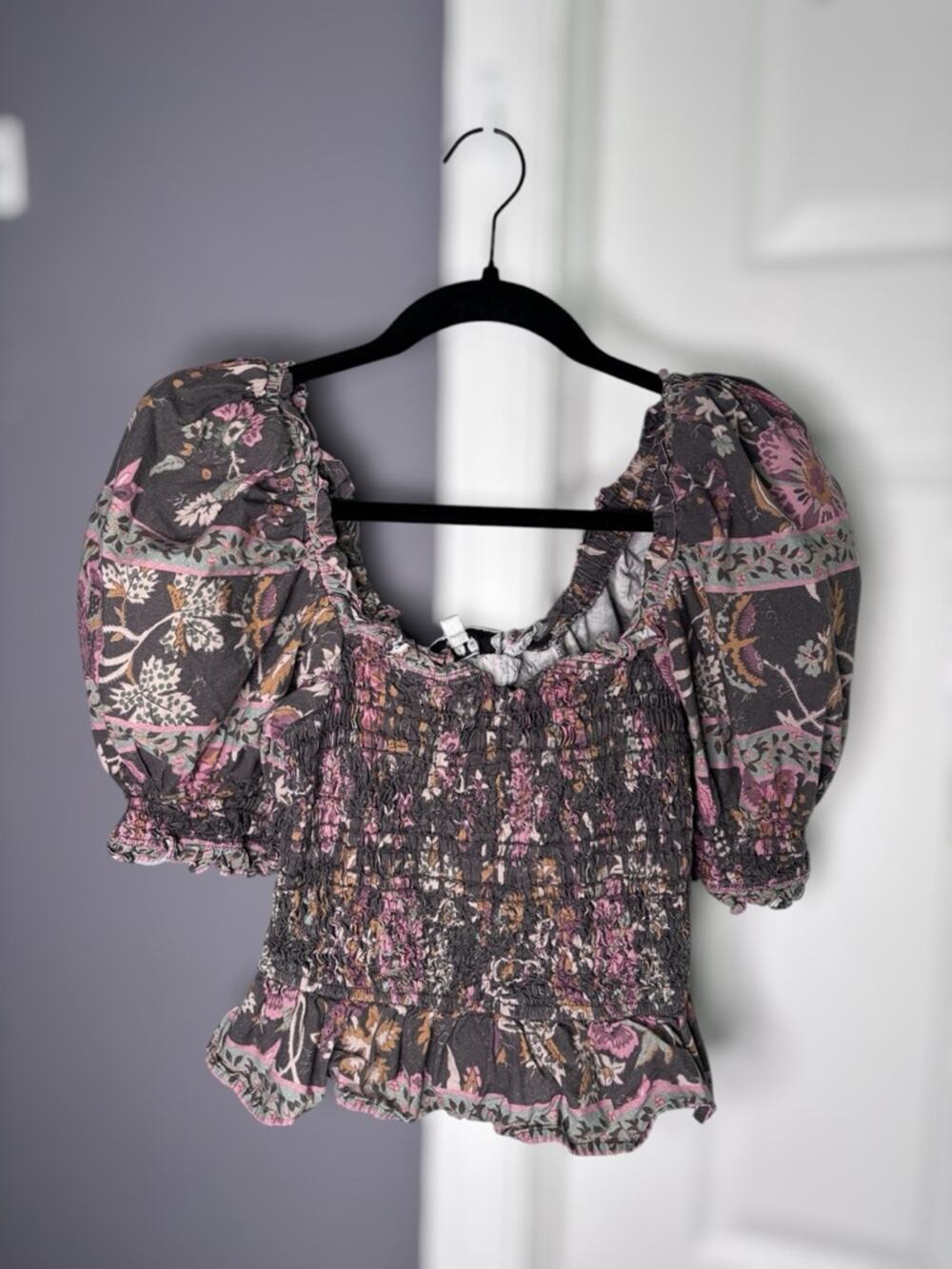 Sea New York Gray Pink Print Smocked Puff Sleeve Cropped Top Small